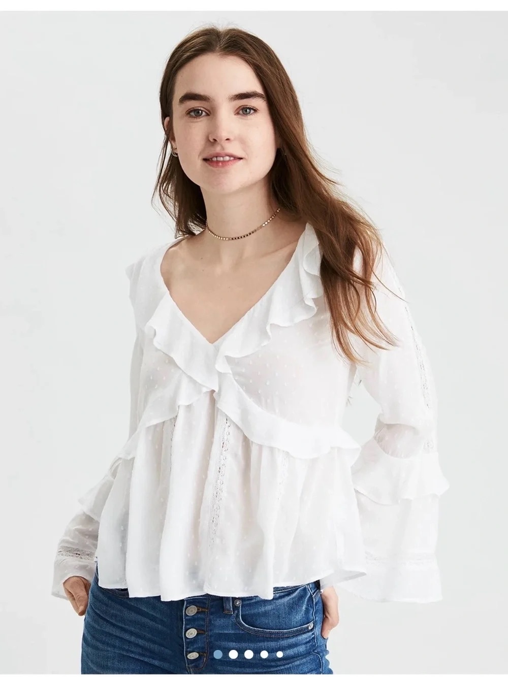 American Eagle Outfitters M White Ruffle V-Neck Peasant Blouse Boho Swiss Dot